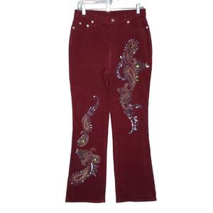 Paisley Beaded Embellished Bootcut Corduroy Pants 12W High Waisted Mom Red